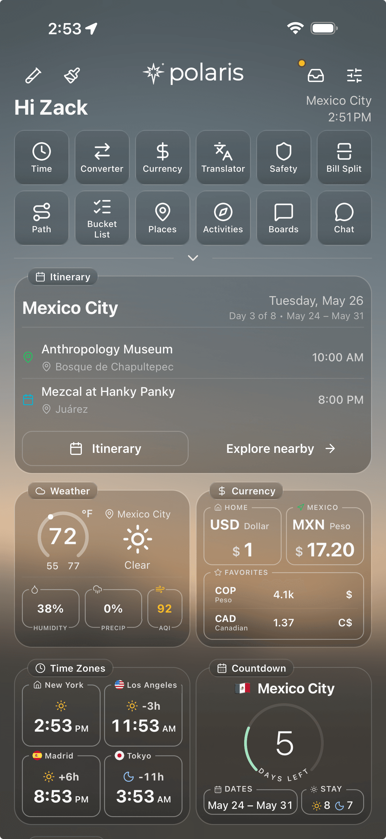 Polaris Home Dashboard showing an active trip in Mexico City with itinerary, weather, currency, time zones, and countdown widgets