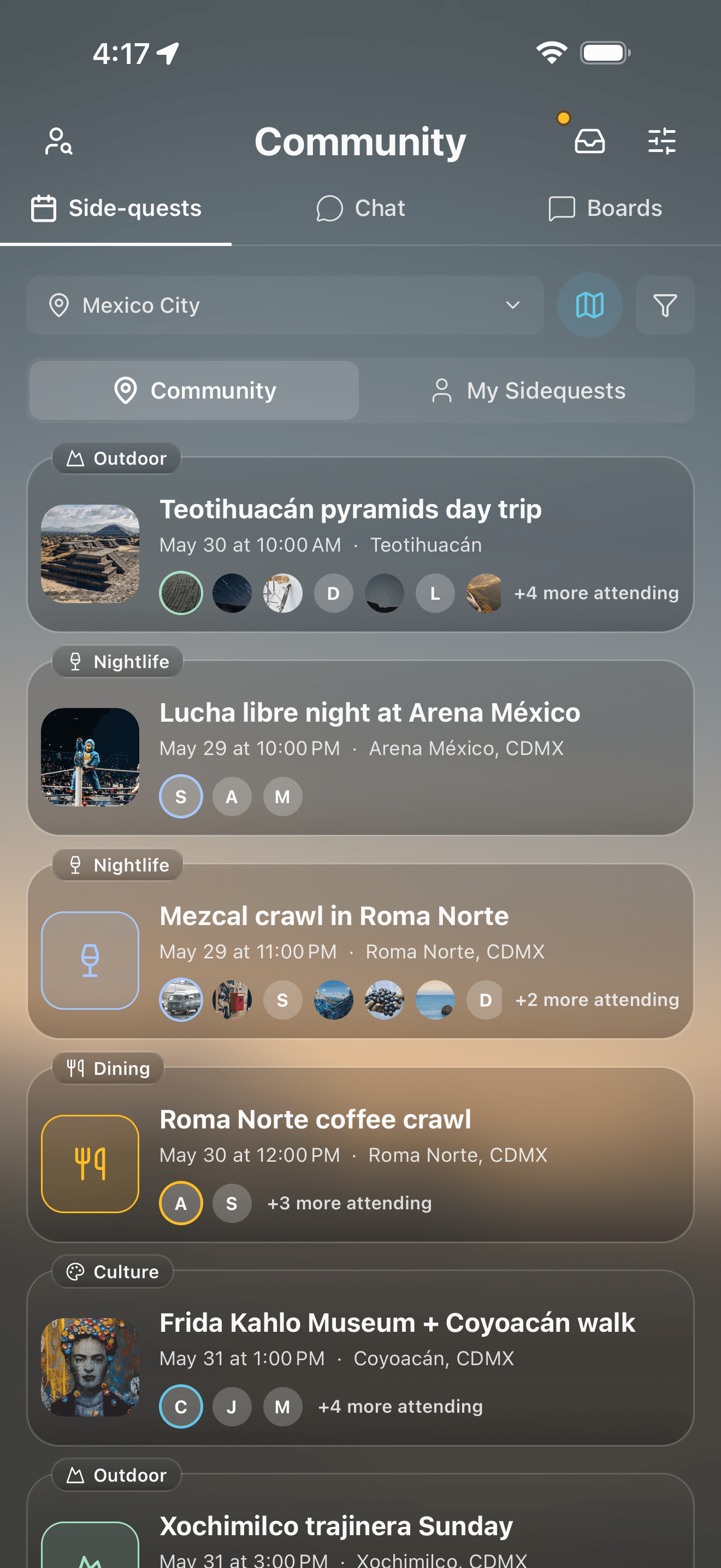 Polaris Community tab showing the Sidequest feed — open travel plans local travelers have posted to join